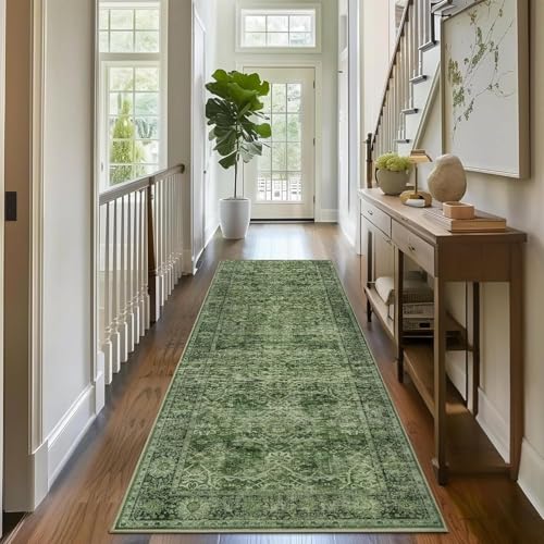 2x5 Green Vintage Washable Runner Rugs for Hallway Kitchen Boho Hallway Carpet Low Pile Non-Slip Retro Distressed Accent Throw Rug for Entryway Bathroom Bedroom Green - color: Green, size: 2'*5'(Runner)