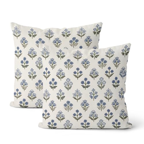 Blue Green Pillow Covers 16x16 Inch 2 Pcs Block Print Vintage Floral Decor Throw Pillows Boho Flower Spring Summer Outdoor Seasonal Decoration Pillowcase Linen Cushion Cover for Couch Sofa - color: Blue Green Block Print Floral, size: 16" x 16" (Pack of 2