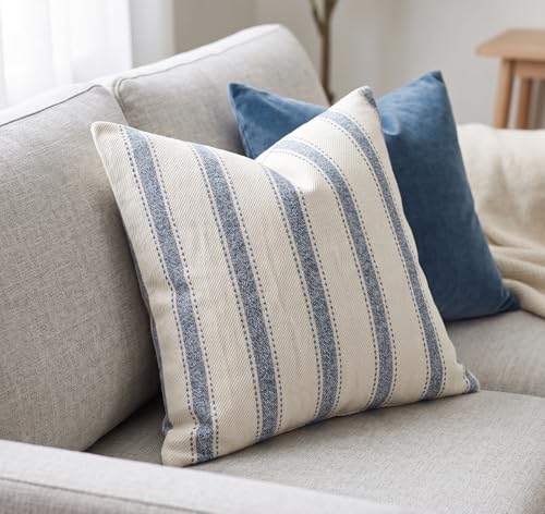 SanVia Cotton Throw Pillow Covers 20x20 – Handwoven Jacquard Texture, Fade-Resistant, No Pilling – Hidden Zipper, Decorative Cushion Cover for Sofa, Couch, Bed – Insert Not Included (Striped, White) - color: Dusty Blue, size: 20" x 20"