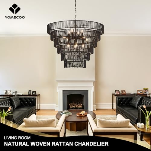 31.49" Large Rattan Black Chandelier for Dining Room, Farmhouse 12-Lights Boho Hand-Woven Bamboo Chandelier, Drum Wicker Black Chandeliers for Kitchen Island, Living Room, Bedroom, Entryway - color: Black 31IN