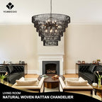 31.49" Large Rattan Black Chandelier for Dining Room, Farmhouse 12-Lights Boho Hand-Woven Bamboo Chandelier, Drum Wicker Black Chandeliers for Kitchen Island, Living Room, Bedroom, Entryway - color: Black 31IN