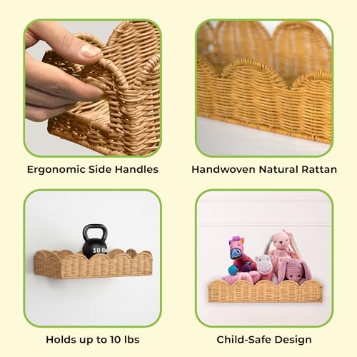 Nursery Book Shelves Set of 2 , Natural Rattan Handwoven Scalloped Floating Shelves , Wicker Rattan Nursery bookshelves, 15.8" W Wall Storage Baskets for kids,Boho , 3 in 1 Shelf ,Tray and Organizer