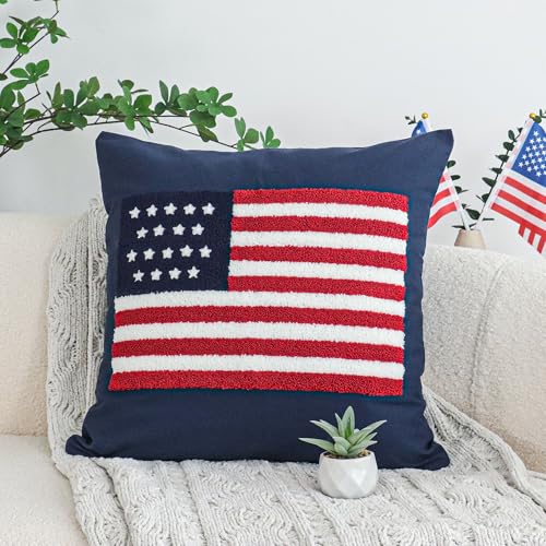 Jonhier 4th of July Throw Pillow Cover, Independence Day Patriotic Throw Pillow Case Tufted American Flag Pattern, Textured Cushion Cases Memorial Day Flag Day Decor for Sofa Bed (Blue, 18” x 18”) - color: Blue