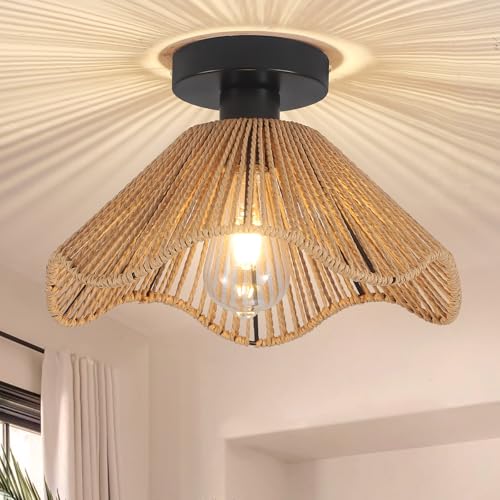 Surpars House Boho Rattan Ceiling Light Fixture, Mini Rattan Chandelier Lighting Fixture, Hand Woven Ceiling Light Fixtures for Hallway Bedroom Kitchen Entryway Living Room (Light Brown) - color: Light Brown