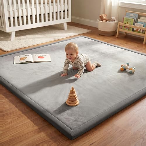 AEOCOO 50x50 Playpen Mat 1.3" Thick Memory Foam Baby Play Mats for Infants Floor Crawling, Toddlers Tummy Time, CloudSoft Velvet Non Slip Cushion, Play Pen, Living Room, Playroom, Tatami Style, Grey - color: Grey, size: 50 x 50 x 1.3 Inch