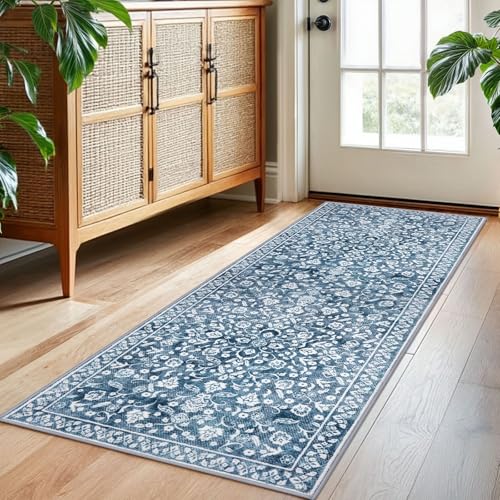 Vintage Washable 2x5 Rug, Blue and White Hallway Runner, Super Soft Non-Slip Kitchen Runner, Print Faux Wool Floral Thin Carpet for Entryway & Bedside - color: Light Denim Blue and White, size: 2' x 5' (Runner)