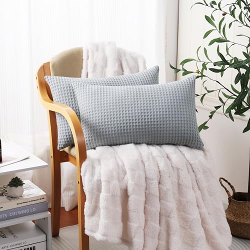 100% Egyptian Cotton 600 TC Waffle Weave Lumbar Pillow Covers 2 Pack, Ultra Soft Breathable Rectangle Throw Pillow Covers, Decorative Cushion Covers for Bed Couch Sofa Car, No Insert, Gray, 12" x 20" - color: Grey, size: 20" x 12" (Pack of 2)