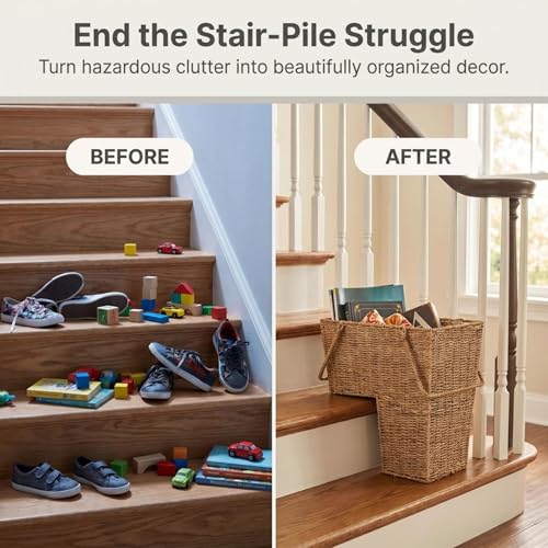 Household Essentials Wicker Stair Basket with Handles, Handwoven Seagrass, Natural - style: Seagrass and Corn Husk