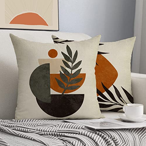 Boho Abstract Sunset Plant Olive Leaves Decorative Throw Pillow Covers Set of 4, Bohemian Geometry Line Pillowcase Decoration, Minimalist Modern Art Aesthetic Cushion Case Home Decor 18x18 - color: Boho Plant, size: 18" x 18" (Pack of 4)