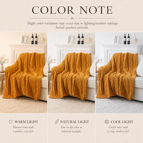 Battilo Cozy Mustard Throw Blanket 50" x 60" | Hand Knitted Chunky Knit Throw Blanket, Soft Jumbo Chenille for Couch Sofa Bed - color: Mustard