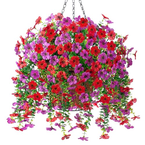 Artificial Fake Hanging Flowers Plants with Basket Spring Outdoor Decor,Faux Silk Flowers with Eucalyptus in Planter No Fade Flower in Basket for Farmhouse Home Garden Porch Patio Balcony(Red Purple) - color: Red Purple