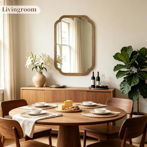 HOMECOOKIN Wood Bathroom Mirror for Wall Decor Arched Rounded Corner Rustic Wood Frame Wall Mirror Home Decorative for Vanity, Living Room, Bedroom, Entryway (20 x 30 inch, Natural) - color: Natural, size: 30"L x 20"W
