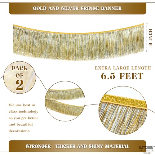 KatchOn, Silver and Gold Fringe Banner Garland - 6.5 Feet, Pack of 2 | Gold Fringe Garland for Golden Birthday Decorations Golden, Silver Streamers for Prom Graduation Decorations 2026 - color: Silver nad Gold
