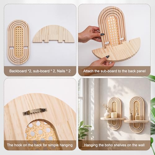 Artilady 2 Pack Boho Shelves Wall Decor - Natural Rattan Solid Wood Floating Shelf Rainbow Arch 2 Tier Trinket Plant Storage Rack Modern Wall Art for Bedroom Nursery Bathroom Office - color: Rattan Burlywood