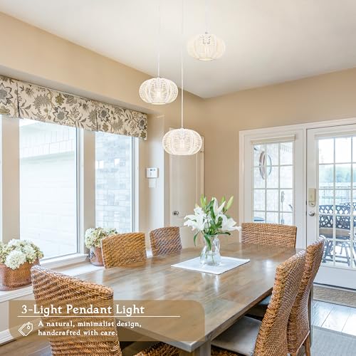 12" Boho White 3-Light Boho Chandeliers for Kitchen Island Hand-Woven Boho Rattan Chandeliers Dimmable Adjustable Hanging Wicker Chandelier for Dining Room Living Room （Bulb Incl.） - color: 11.8" White 3-Light