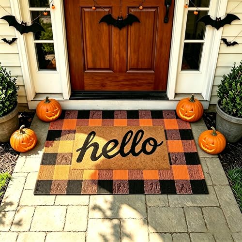 MUBIN Cotton Buffalo Plaid Rug, 27.5x43 Orange Black Outdoor Rug Front Door Decorative Mat, Washable Halloween Doormat Foldable Area Rug Layered Door Mats Rug for Front Porch, Entryway, Patio - color: Orange Black Plaid, size: 2'3" x 3'7" (Rectangular)