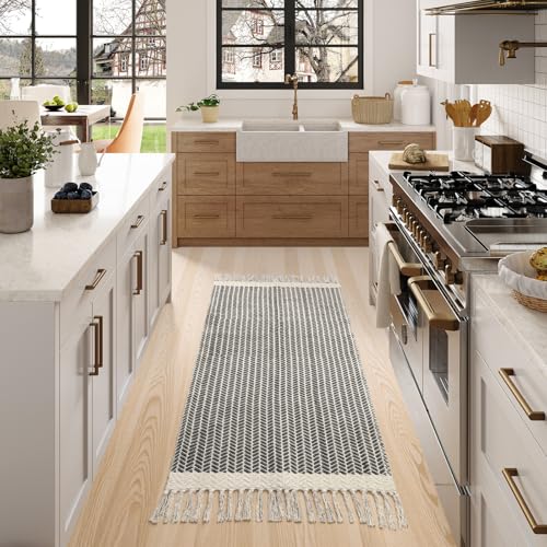 Lahome Belle Boho Kitchen Runner, 2x4.3 Bathroom Runner Rug Lightweight Entryway Rug Woven Cotton Throw Mat with Tassels, Farmhouse Non Shedding Washable Grey Rugs Low Pile for Bedroom Doorway - color: Grey, size: 2' x 4'3" (Runner)