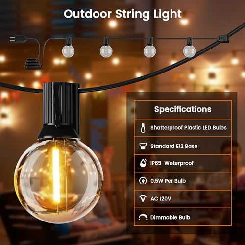 OHLUX Outdoor String Lights, 27FT LED Patio Lights with 13 Dimmable Plastic G40 Globe Bulbs(1 Spare), 2200K Waterproof Connectable Hanging Lights for Backyard Porch Cafe Party Decor E12 Socket Base - size: 27FT