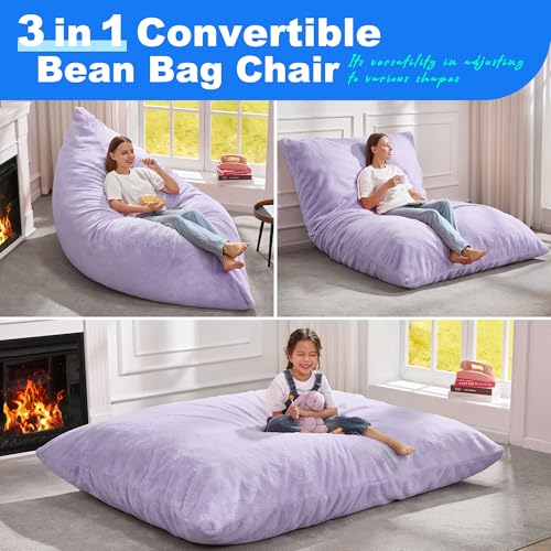 Hobestluk 3 in 1 Bean Bag Chair Giant Bean Bag Chairs for Adults with Plush Faux Fur Cover Convertible Bean Bag Floor Cushion with Machine Washable Cover for Living Room (Plush Purple) - color: Purple