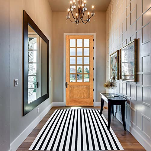 Bottalive Black and White Outdoor Rug 3' x 5' Striped Front Porch Rug Hand-Woven Cotton Rug Machine Washable Floor Mat Indoor/Outdoor Area Rug for Layered Door Mats/Farmhouse/Living Room (3' x 5') - color: Black&white Stripe Bb, size: 3' x 5' (Rectangular