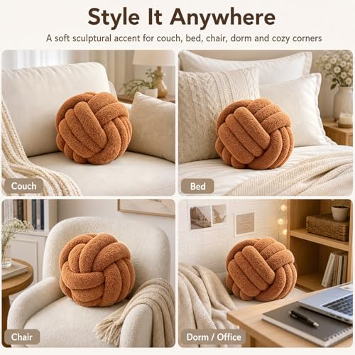 Petrella Caramel Knot Pillow Ball, Handmade Soft Lambswool Round Throw Pillow for Chair, Couch and Warm Room Decor, Small Decorative Pillows, Knotted Accent Cushion, 8 Inch - color: Caramel, size: 8inch