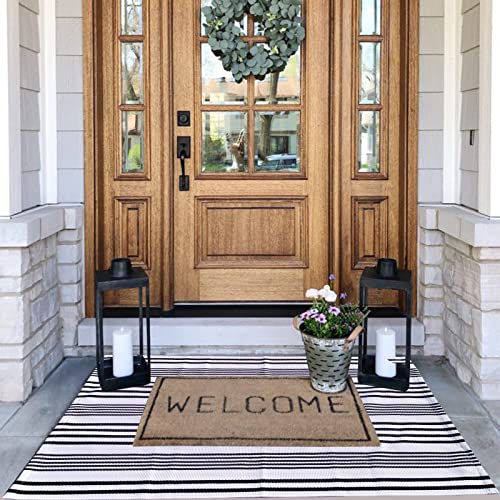 Black and White Striped Outdoor Rug Front Porch Rug 35.4''x59'' Cotton Hand-Woven Welcome Mats Layered Door Mats for Front Porch/Entryway/Laundry Room/Bedroom/Outdoor (35.4''x59'') - color: Black&white Stripe S, size: 3' x 5' (Rectangular)