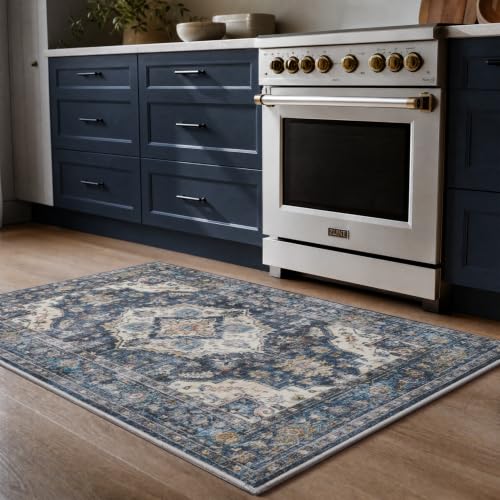AMOAMI-2X3 Small Rug-Washable Rugs Entryway Mat Indoor-Soft Vintage Non Slip Rugs for Kitchen Laundry Room Bathroom Blue Decorative Accent Rug for in Front of Sink 24 Inch x36 Inch - color: Blue, size: 2' x 3' (Rectangular)