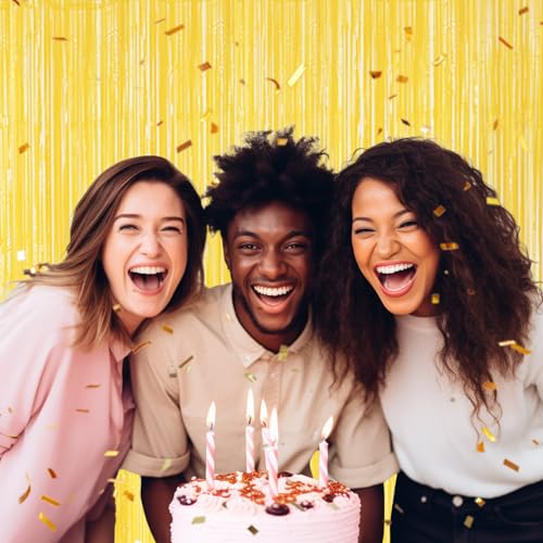DECOCKRAT 3 Pack Foil Fringe Backdrop - Pastel Yellow Shiny Tinsel Curtains for Party Decoration/Photo Booth Props - 3.3x8.2 FT Metallic Foil Backdrop for Birthday, Wedding, Graduation, Christmas. - color: Pastel Yellow