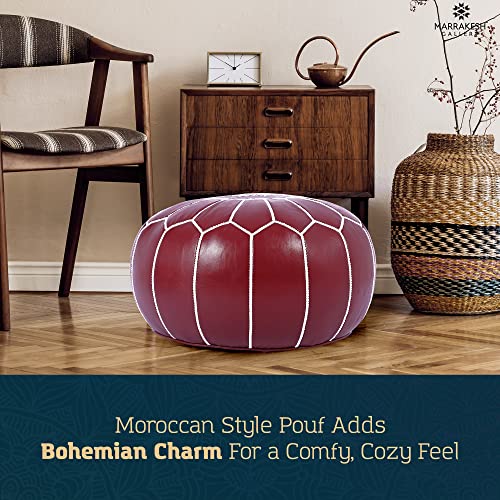 Marrakesh Gallery Genuine Leather Round Pouf Unstuffed - Moroccan Ottoman Footstool, Footrest Cover - Boho Decor - Bohemian Living Room, Bedroom, Kids Room, Gift & Wedding - color: Ruby