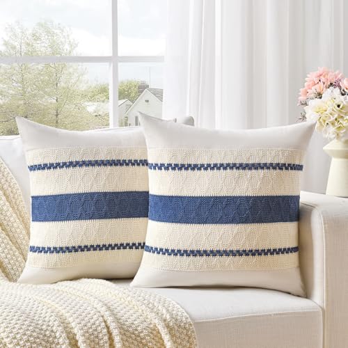 Fancy Homi Set of 2 Dusty Blue Vintage Decorative Throw Pillow Covers 16x16 Inch for Couch Bed Sofa Chair Bedroom, Rustic Retro Square Cushion Case, Modern Farmhouse Boho Living Room Decor Indoors - color: Dusty Blue, size: 16" x 16" (Pack of 2)