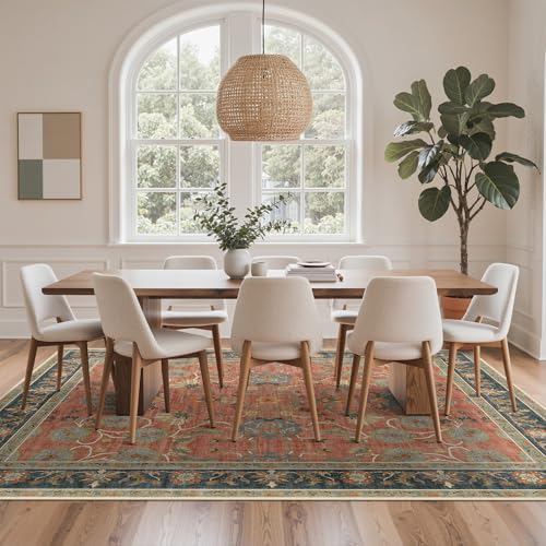 Bavni Floral Area Rugs 6x9, Vintage Accent Living Room Rug, Distressed Washable Rug Non Slip Stain Resistant, Low Pile Thin Soft Coral Blue Large Carpet for Bedroom, Dining Room, Home Office, Nursery - color: Coral Blue, size: 6' x 9' (Rectangular)