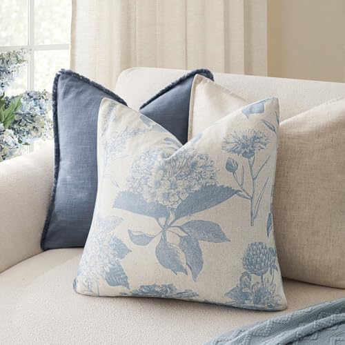 Foindtower Set of 2 Linen Floral Vintage Throw Pillow Covers Neutral Accent Decorative Cozy Cushion Covers Farmhouse Boho Home Decor for Sofa Chair Couch Bedroom Living Room,18×18 Inch,Sky Blue - color: Sky, size: 18" x 18" (Pack of 2)