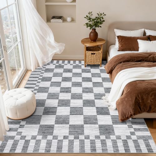 GarveeHome Grey Checkered Rug,Washable 3x5 Rug Non Slip for Entryway, Soft Low-Pile, Modern Farmhouse Geometric Small Area Rugs for Bedroom Kitchen - color: Grey, size: 3' x 5' (Rectangular)