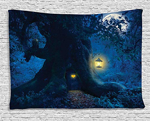Ambesonne Fantasy Tapestry, Night with a Little Home in The Trunk of an Tree in The Woods Print, Wide Wall Hanging for Bedroom Living Room Dorm, 80" X 60", Indigo Blue - color: Indigo Blue, size: 80"L x 60"W