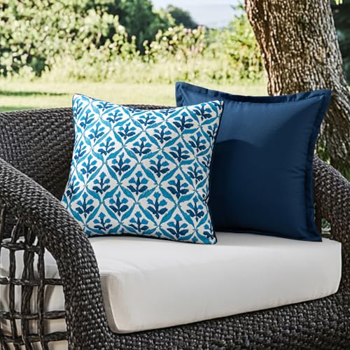 MIULEE Pack of 2 Decorative Outdoor Waterproof Throw Pillow Covers Flower Print Chic Boho Accent Pillow Covers for Square Garden Patio Cushion 18x18 Inch, Navy Blue - color: Navy Blue, size: 18" x 18" (Pack of 2)