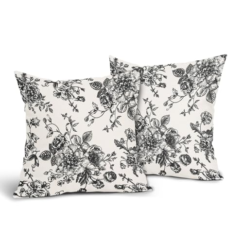 Black Floral Pillow Covers 18x18 Inch Vintage Flower Black White Decorative Throw Pillow Covers Set of 2 Farmhouse Pillowcases Cotton Linen Square Cushion Covers For Couch Bed Sofa Chair Car Decor - color: Black, size: 18" x 18" (Pack of 2)
