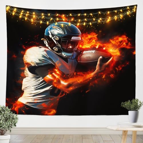 Castle Fairy Football Tapestries Rugby Player Tapestry 3D Sport Gaming Wall Hanging Art Bedroom Aesthetic Funny Tapestries for Men Boys Living Room College Dorm 59.1 * 59.1 - color: Black Orange, size: 59.1"L x 59.1"W