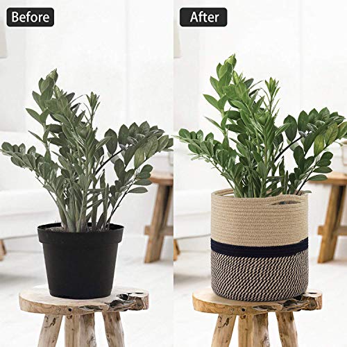 TIMEYARD Sturdy Jute Rope Plant Basket Modern Woven Basket for 11" Flower Pot Floor Indoor Planters, 12'' x 12'' Storage Organizer Baskets Rustic Home Decor, Black and Beige Stripes - color: Black and Jute, size: 12" x 12"