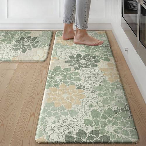 GENIMO Kitchen Mats for Floor, Kitchen Rugs Non Slip Washable Sets of 2, Waterproof Cushioned Anti Fatigue Mat, Floral Runner Rug for Laundry, Sink, Office, Home, 17.3"x47"+17.3"x30", Green - color: Green, size: 17.3"x47"+17.3"x30"