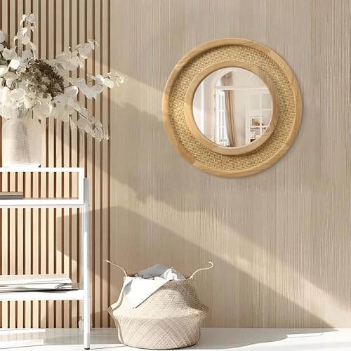JJUUYOU Wooden Mirror Circle Mirrors for Wall 20 Inch Circular Hanging Mirrors with Wood Frame for Living Room Bathroom Vanity Entryway Hallway - color: Round Mirror-wood, size: 20"L x 20"W