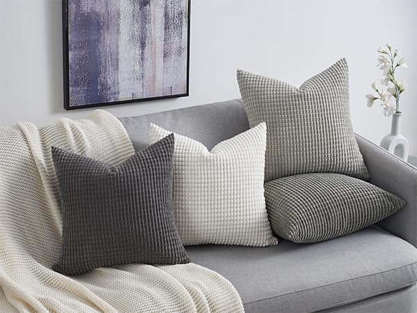 Topfinel 4 Packs Grey Decorative Throw Pillow Covers 22x22 Inch for Living Room Couch Bed Sofa, Boho Western Farmhouse Home Decor, Square Soft Moss Corduroy Fall Cushion Case 55x55 cm - color: Grey, size: 22" x 22" (Pack of 4)