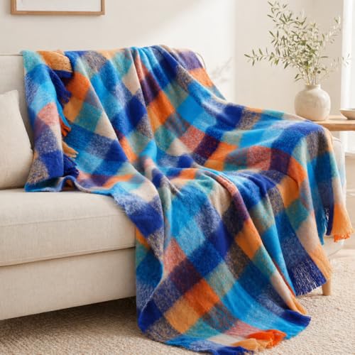 Battilo Colorful Plaid Throw Blanket for Couch Bed, Fall Blue Plaid Throw Blanket with Vibrant Colors,Super Soft Cozy Cashmere Mohair Tartan Plaid Blanket for Fall Decor Home Decor(50"x60") - color: Multi Blue