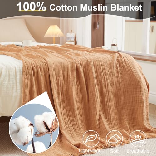 Cotton Muslin Throw Blanket with Tassels, Lightweight Woven Gauze, Pre-Washed Breathable Farmhouse Decor for Bed, Couch, All-Season Use (Tan, 50" x 60") - color: Tan, size: 50" x 60"