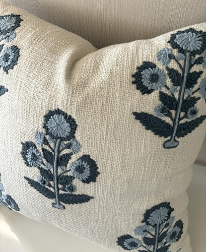 Blue Floral Hand Embroidered 20x20 Throw Pillow Cover - Ivory Cushion Cover for Sofa Couch Living Room - Crewel Grandmillennial Farmhouse Decor - Russell Motif - color: Ivory-russell Motif, size: 20" x 20" (Pack of 1)