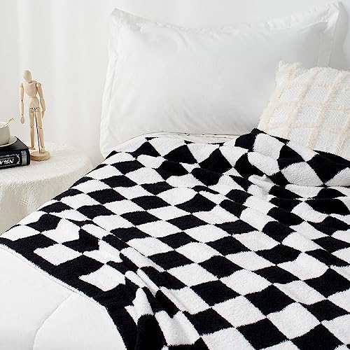 Carriediosa Checkered Throw Blanket 90" X 90" Queen, 400GSM Ultra Soft Microfiber Fuzzy Fluffy Reversible Cute Preppy Knitted Blankets Cozy Plush Fall Throws for Couch, Bed, Sofa, Black - color: Check - Black, size: 90" X 90"