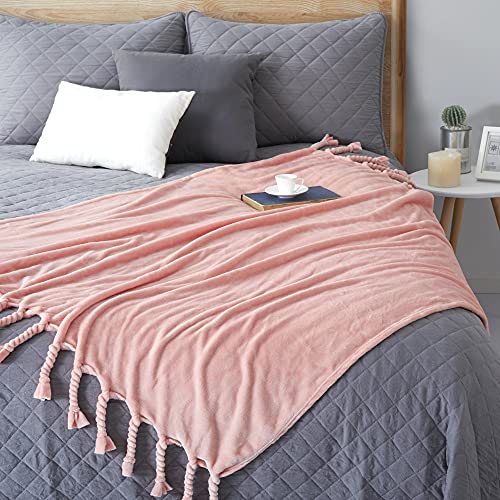 Homiest Fleece Throw Blanket with Fringe, Soft & Cozy Flannel Light Pink Blanket, Lightweight Decorative Blanket for Sofa Bed Chair All Season (Blush Pink, 50 x 60 Inch) - color: Blush Pink