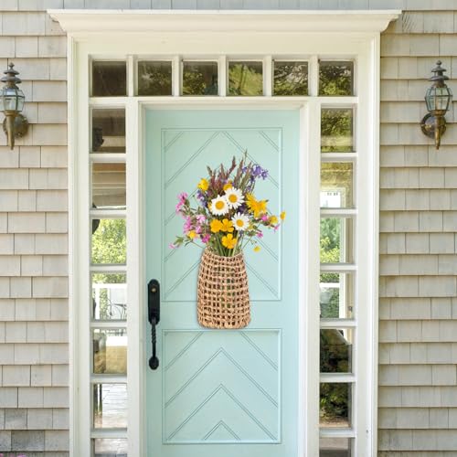 Hiceeden Woven Front Door Basket, Water Hyacinth Hanging Wall Flower Basket, Wall Decor Boho Decoration Veggies Storage Basket for Home, Pantry, Garden, Farmhouse - style: Bohemian