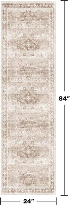 Boho 2x7 Long Runner, Neutral Farmhouse Hallway Rug, Small Throw Runners for Bedroom, Bathroom, Kitchen, Vintage Floral Decor & Non-Slip Low-Pile Washable Stain Resistant, Latte Beige