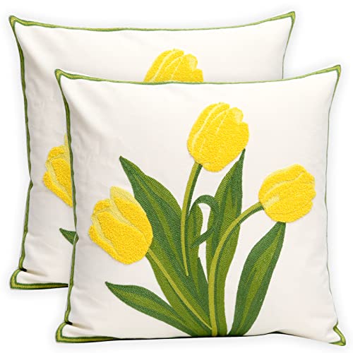 Pack of 2 Embroidered Decorative Throw Pillow Cover 18x18 Inch Farmhouse Floral Pillowcase for Living Room Sofa Bed (Yellow Tulip) - color: Yellow Tulip