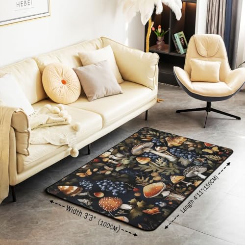 Erosebridal Mushroom Area Rug 4'11" x 3'3" Butterfly Living Room Rugs Nature Leaves Botanical Decorative Carpet Vintage Daisy Blueberry Indoor Floor Mat - color: Black Brown, size: 3'3" x 4'11" (Rectangular)
